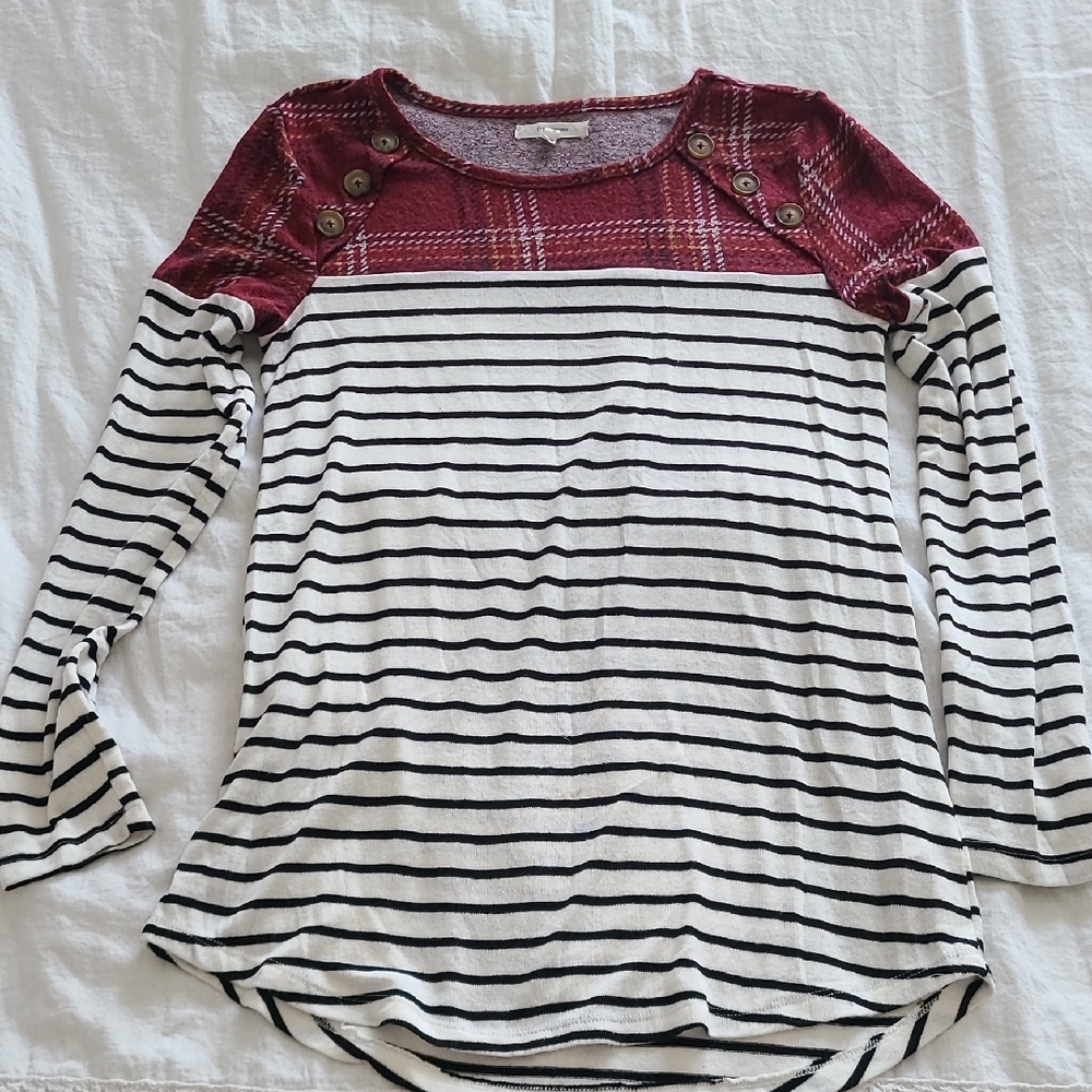 Maurices Red Plaid and Striped Long Sleeve Tee